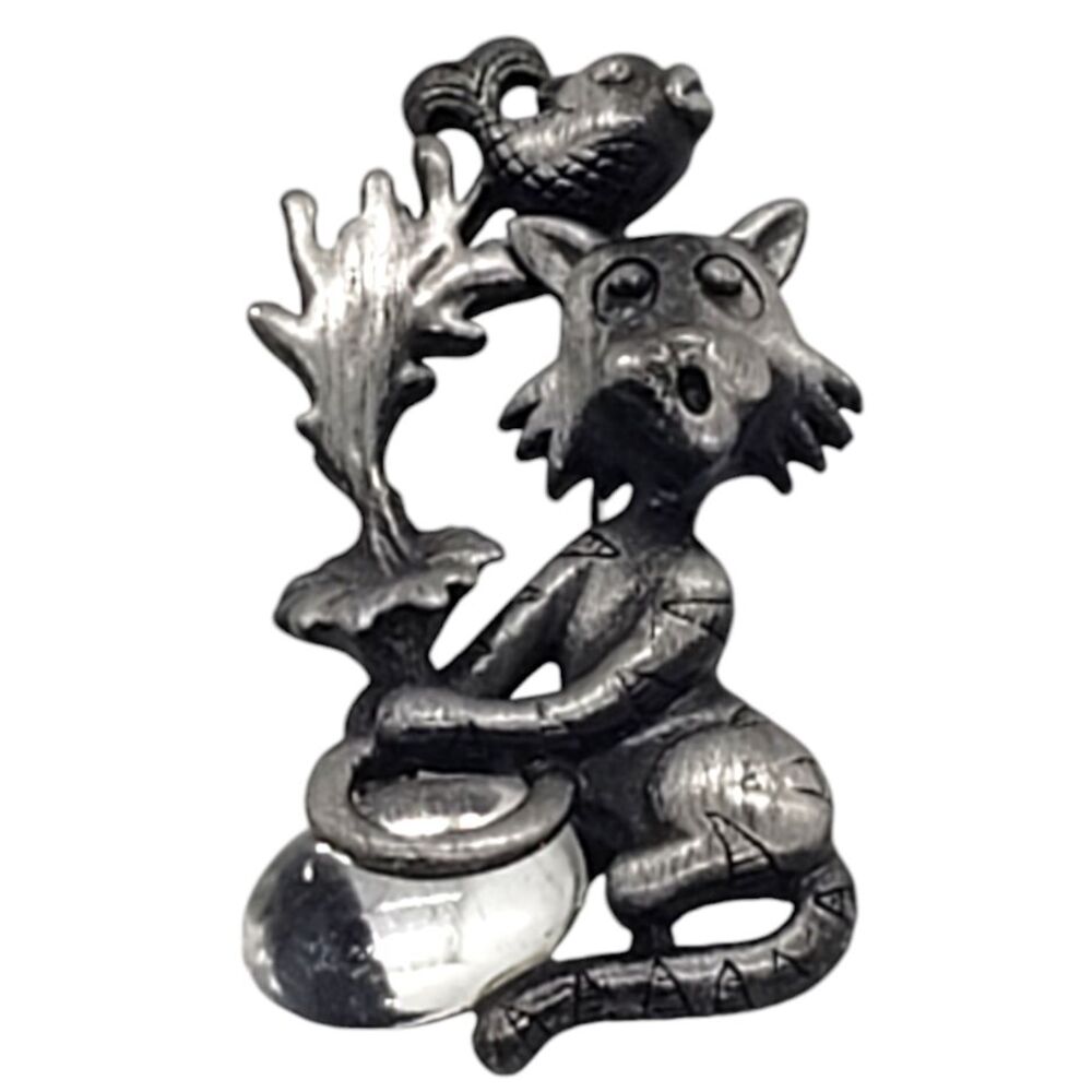 Vintage Pewter Kitty Cat Pin Brooch Fish Jumping Out of Glass Fishbowl Cute!